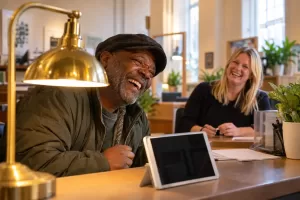 Laughing resident at a public-service desk framed by a brass lamp while a laughing adviser helps in the background