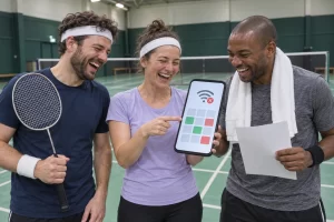 Three fictional adult athletes clearly laugh as they try to book a badminton court on an oversized smartphone beside an indoor badminton net.