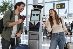 Two fictional adult travellers visibly laughing beside a generic airport travel kiosk while one shows a smartphone with a green tick.