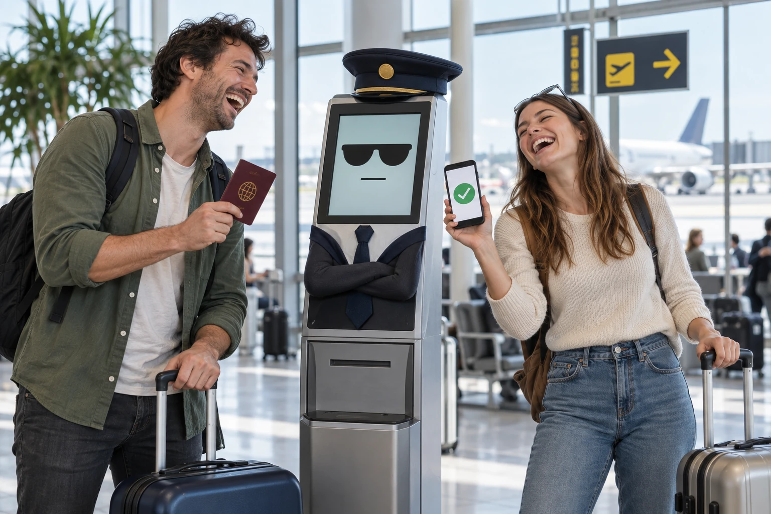 Two fictional adult travellers visibly laughing beside a generic airport travel kiosk while one shows a smartphone with a green tick.