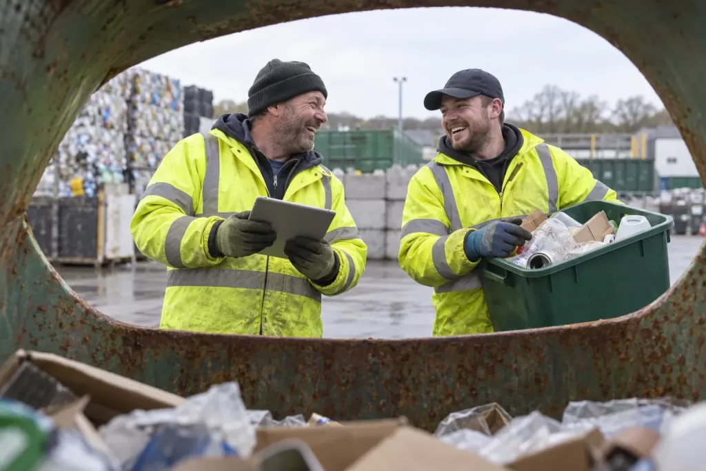 Two laughing workers for digital waste tracking service