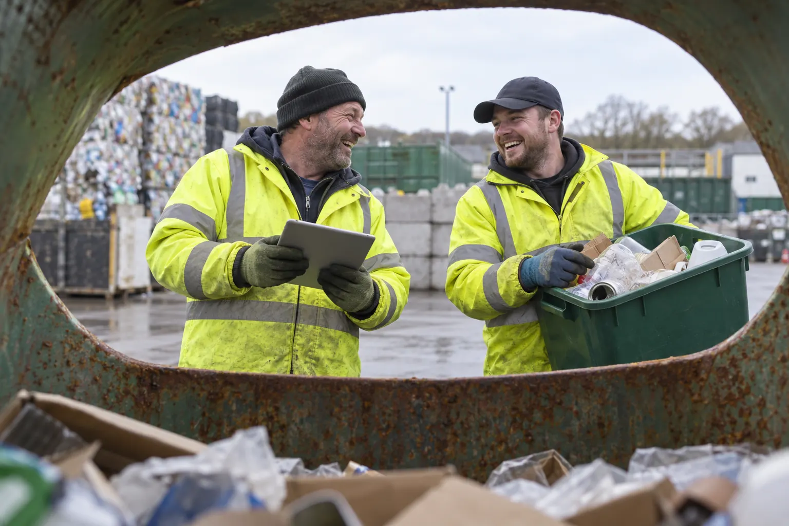 Two laughing workers for digital waste tracking service