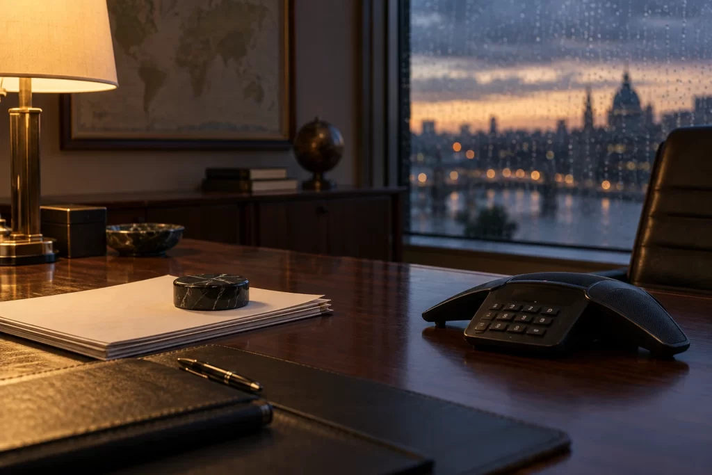 A black conference telephone sits beside blank briefing pages on a diplomatic office desk at dusk.