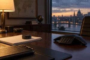 A black conference telephone sits beside blank briefing pages on a diplomatic office desk at dusk.