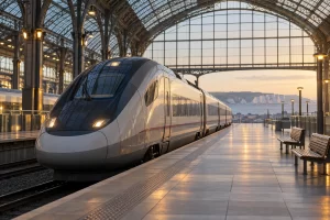 An unbranded high speed train waits beneath the glass canopy of an empty international rail terminal at dawn.