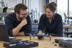 Two laughing aerospace engineers beside a generic drone for the RAF drone aces story