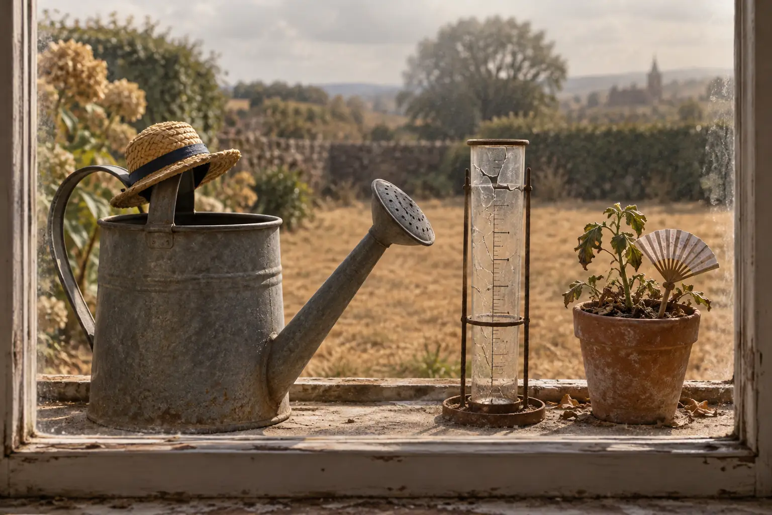 Original editorial photograph of a watering can in a sun hat for dry weather drought England June 2026