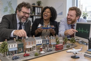 Three fictional statisticians laugh while using a stethoscope on a model high street beside a cargo ship model and a monitor showing a heartbeat line.