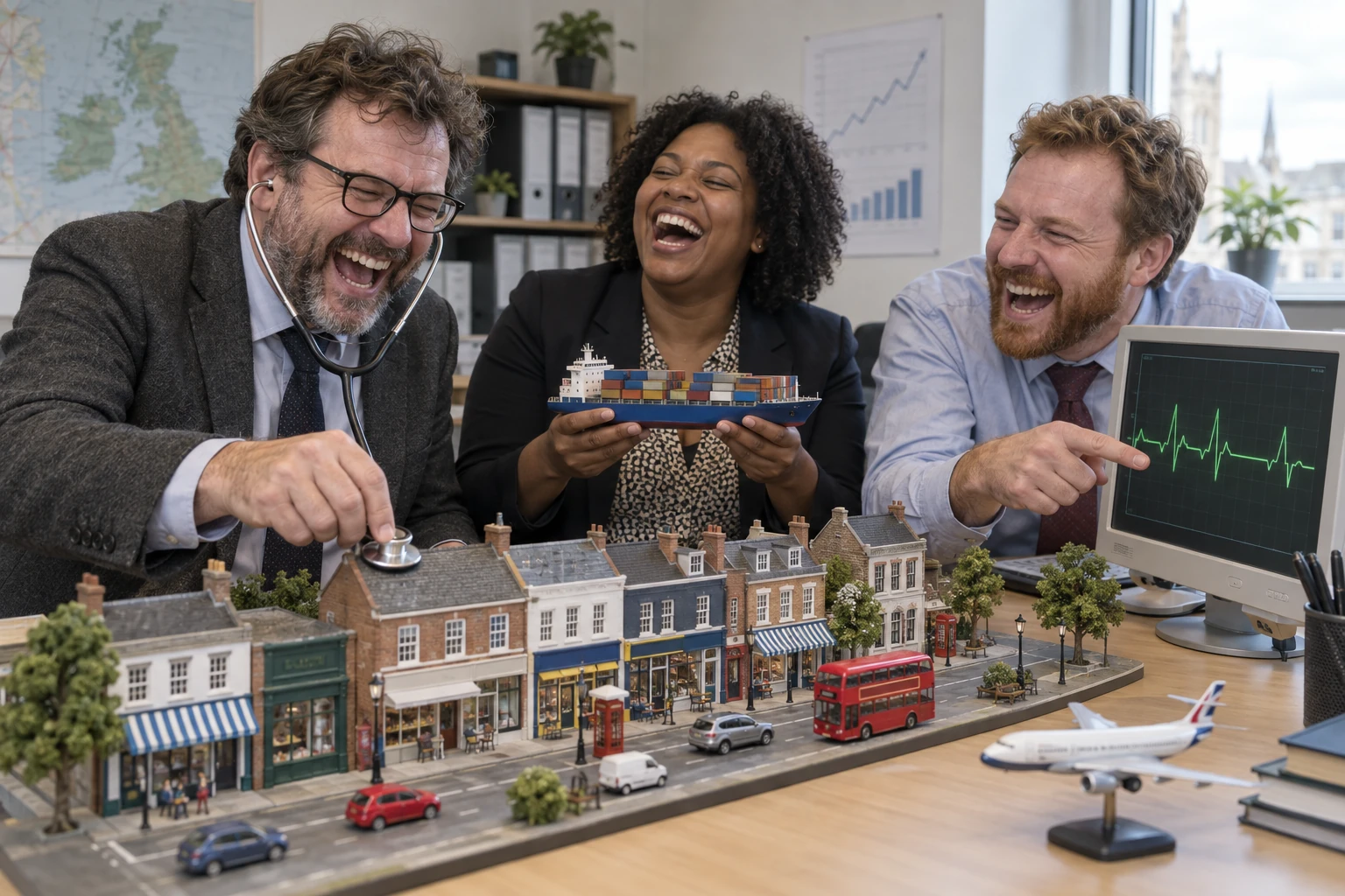 Three fictional statisticians laugh while using a stethoscope on a model high street beside a cargo ship model and a monitor showing a heartbeat line.
