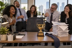 Fictional office workers laugh around an empty desk with a trophy bearing a blank plaque and unmarked papers.