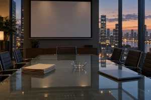A blank presentation screen, forecast folders and a closed laptop sit in an empty glass boardroom overlooking city lights.