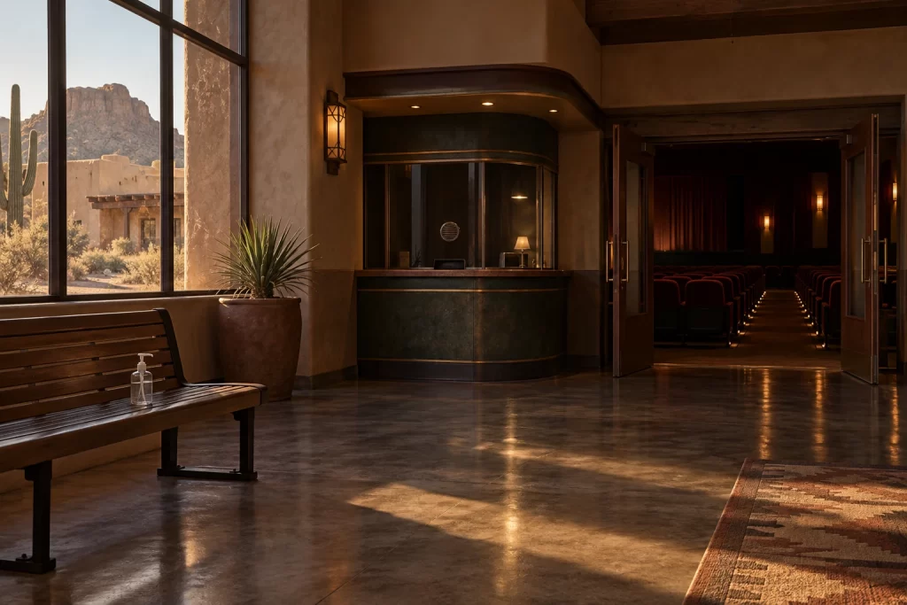 An empty southwest cinema foyer opens onto a dark auditorium with a bottle of hand sanitiser on a bench.