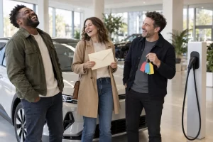 Three laughing car buyers stand beside a plain electric car and charger with a blank envelope and coloured price tags.
