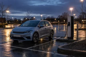 An unbranded electric hatchback sits beside a public charging pedestal in a wet, empty car park at dusk.