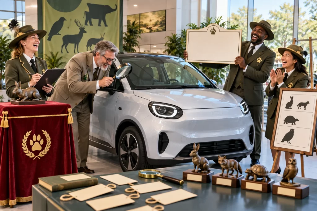 Four fictional officials and car buyers laugh while classifying an unbranded electric hatchback with animal themed specimen placards.