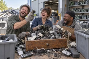 Three fictional adults laughing while sorting tangled cables, old phones and chargers from an overflowing drawer at an electronics recycling depot.