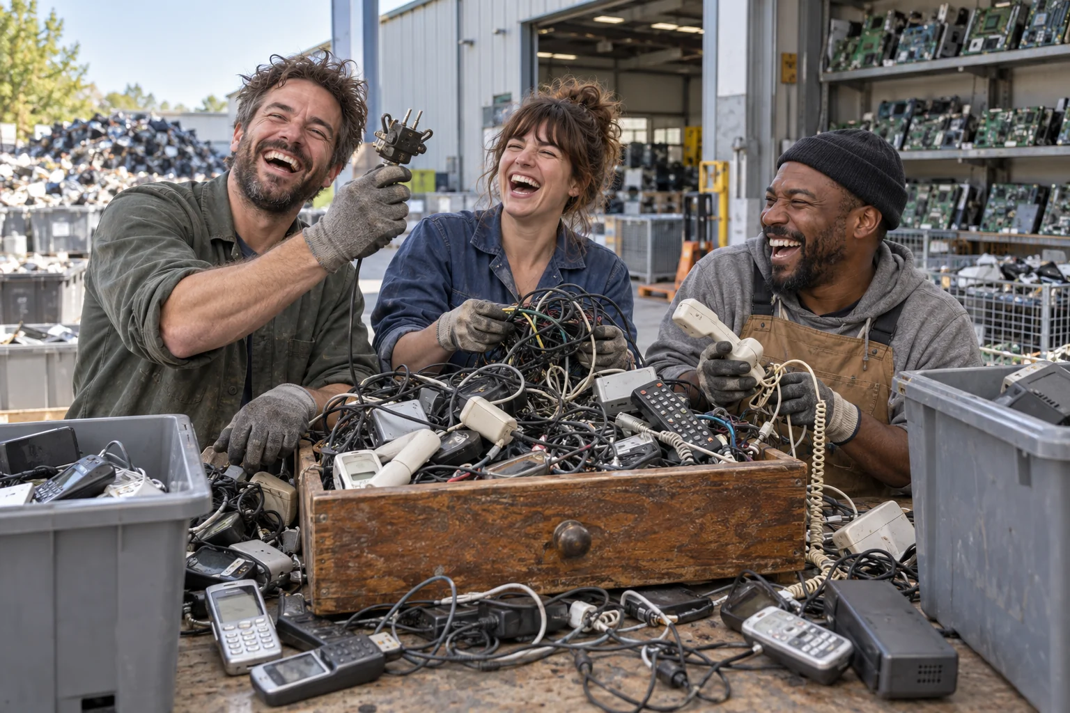 Three fictional adults laughing while sorting tangled cables, old phones and chargers from an overflowing drawer at an electronics recycling depot.