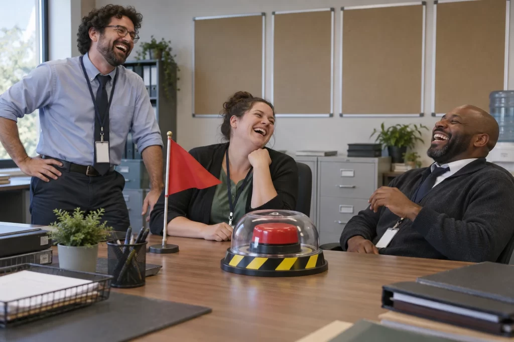Three fictional public sector workers laugh beside a small red warning flag and an oversized test button in an office.