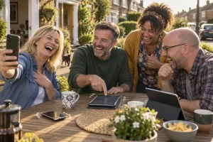 Four fictional adult neighbours clearly laugh around glowing phones and a tablet during an Emergency Alert test.