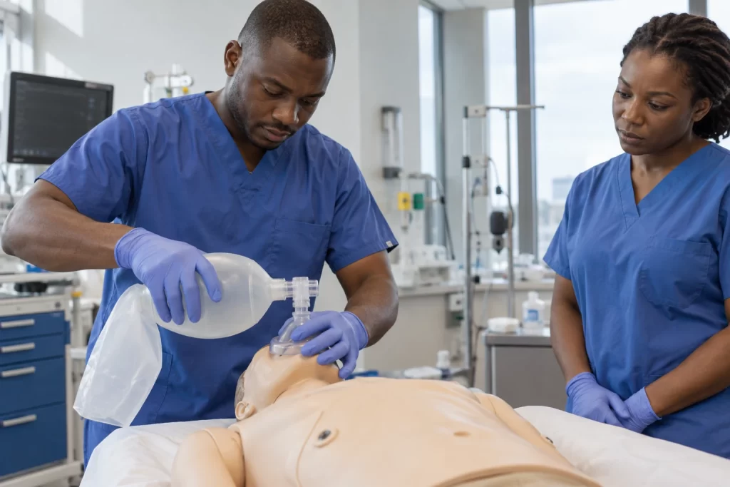 Two emergency care clinicians practise bag valve mask skills with a training mannequin.