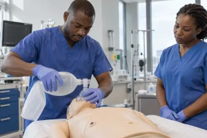Two emergency care clinicians practise bag valve mask skills with a training mannequin.