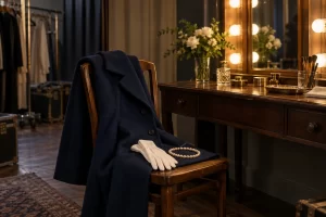 A deep blue tailored coat, white gloves and a pearl necklace rest on a chair in an empty theatre dressing room.