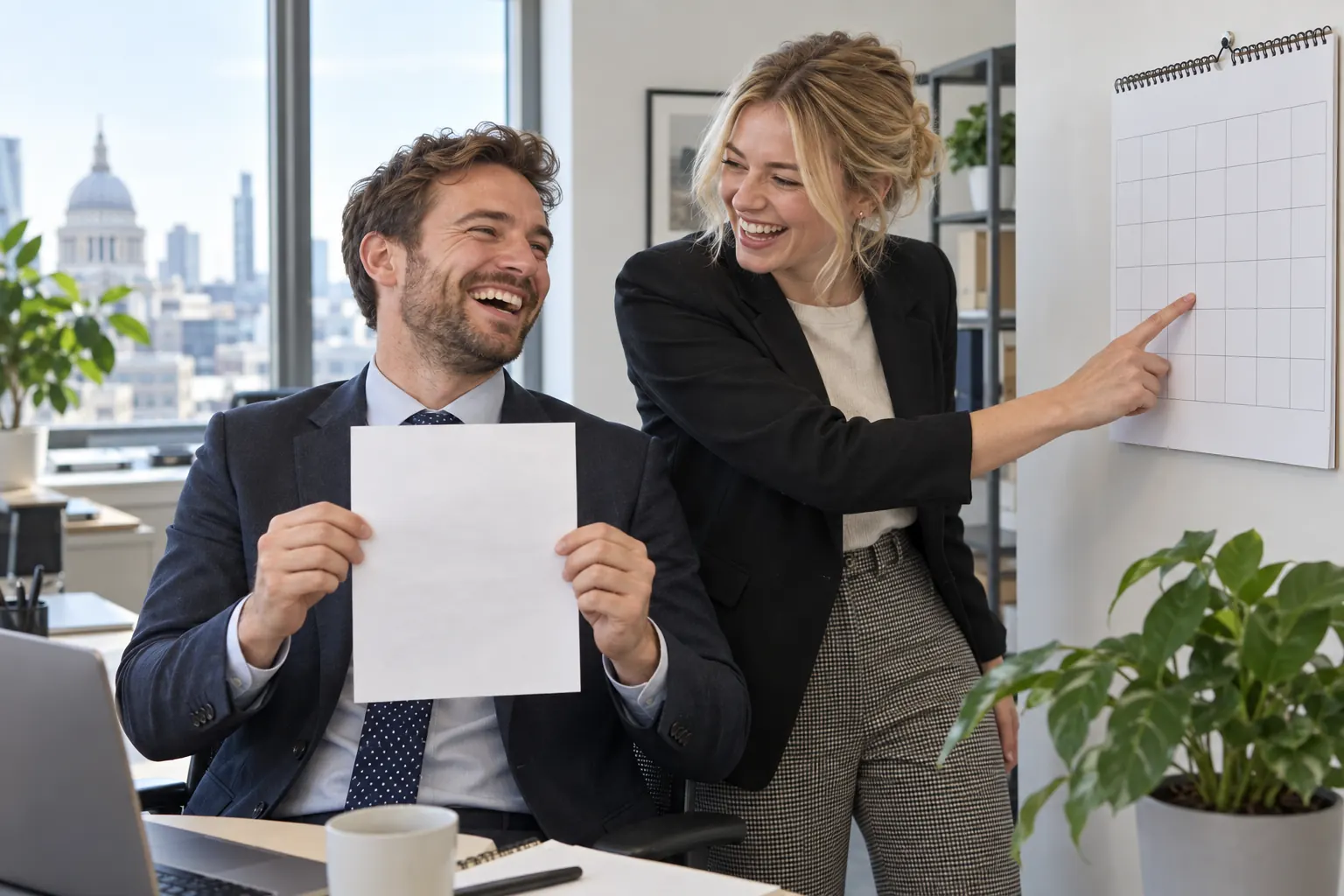 Two laughing office workers for employment rights sick pay reform