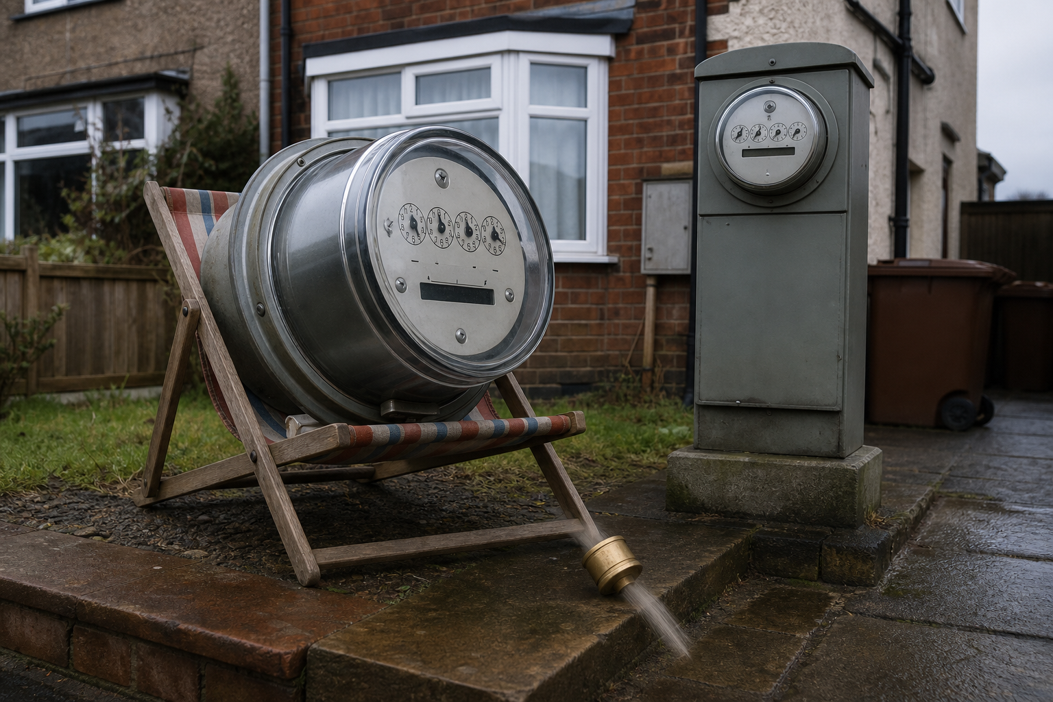 Energy bill breathing space shown as a giant electricity meter in a tiny deckchair beside a British house