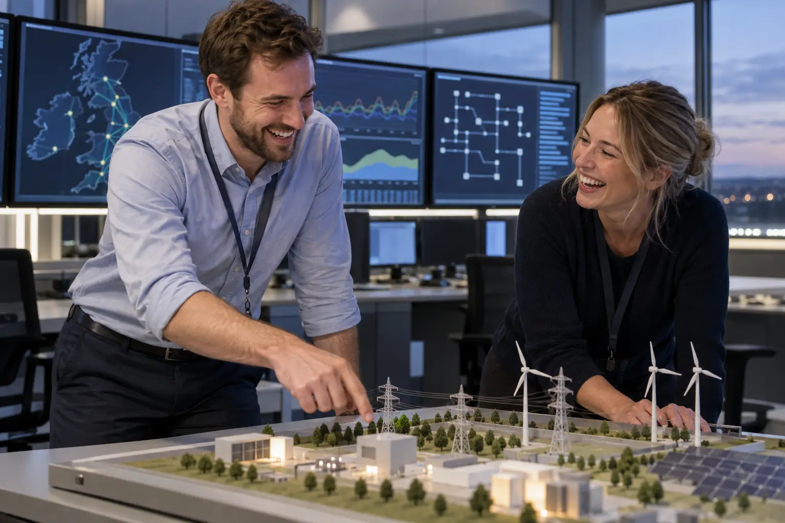 Two laughing energy engineers in a control room representing the energy digitalisation framework