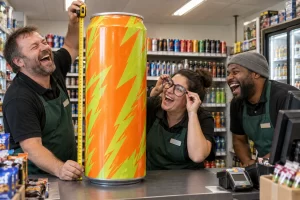 Three laughing shop workers inspect a giant orange energy drink can with a tape measure and oversized glasses.