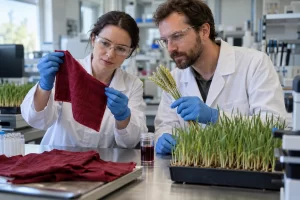 Bioengineering researchers examining a deep red textile swatch and wheat seedlings