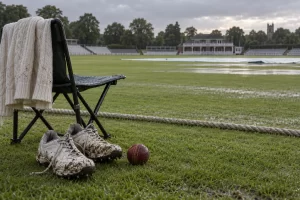 Muddy bowling boots and a cricket ball rest beside an empty folding chair on a wet cricket ground.