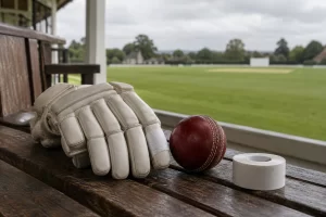 A taped cricket batting glove rests beside a red ball and plain athletic tape on an empty pavilion bench.
