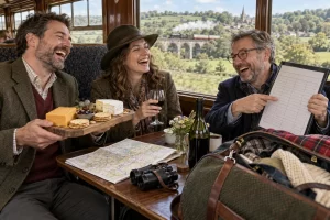 Three fictional adult travellers all clearly laughing around a cheese board and railway timetable aboard a heritage train.