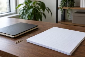 Plain grid sheets, a closed black notebook and a brass paperclip rest on a wooden office desk.