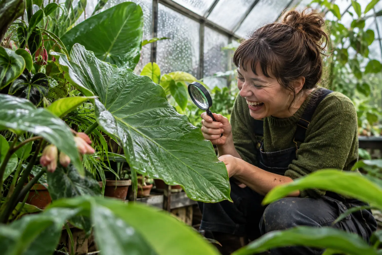 Original editorial photograph of a laughing horticulture researcher holding a magnifying glass over a large leaf for plant health funding