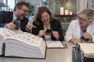 Three laughing procurement staff compare an enormous medicine catalogue with a tiny empty purse beside a locked display cabinet.
