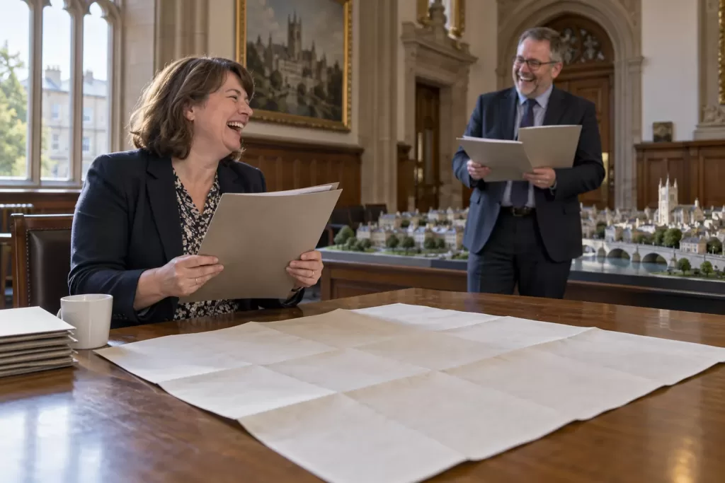Two laughing officers in fictional Established Mayoral Strategic Authority guidance 2026 civic hall