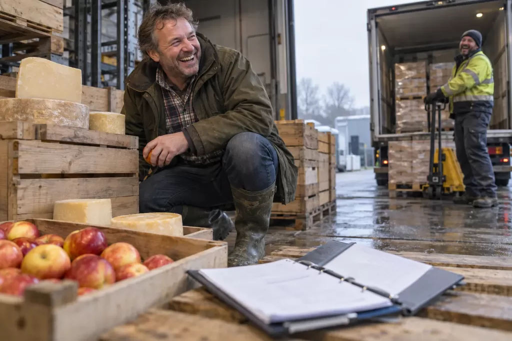 A laughing food exporter crouches beside apples and cheese crates while a laughing driver works at a loading bay behind him.