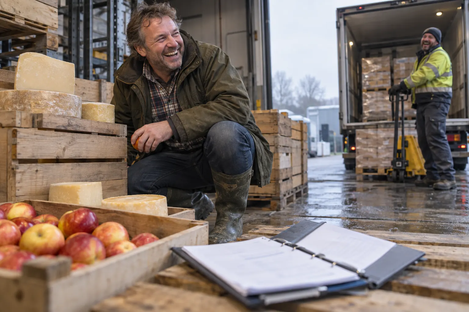 A laughing food exporter crouches beside apples and cheese crates while a laughing driver works at a loading bay behind him.