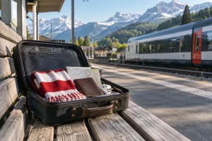 An open travel case with a scarf and adapter waits beside an alpine railway platform.