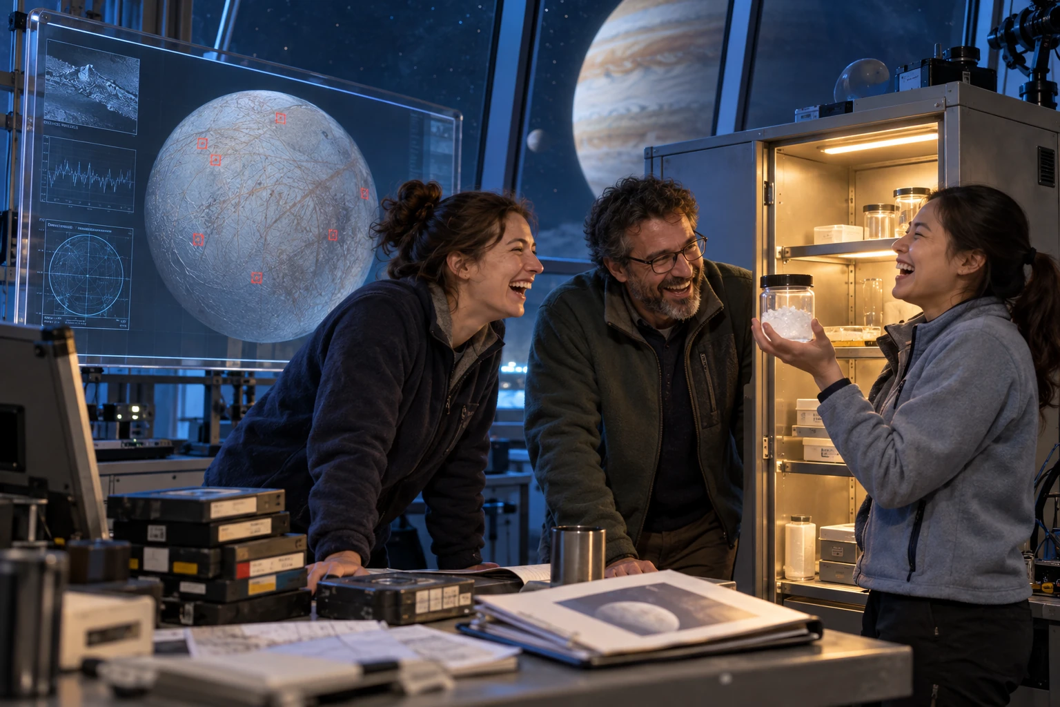 Three fictional planetary scientists clearly laugh beside a screen showing ammonia detections on Europa and an open laboratory cupboard.