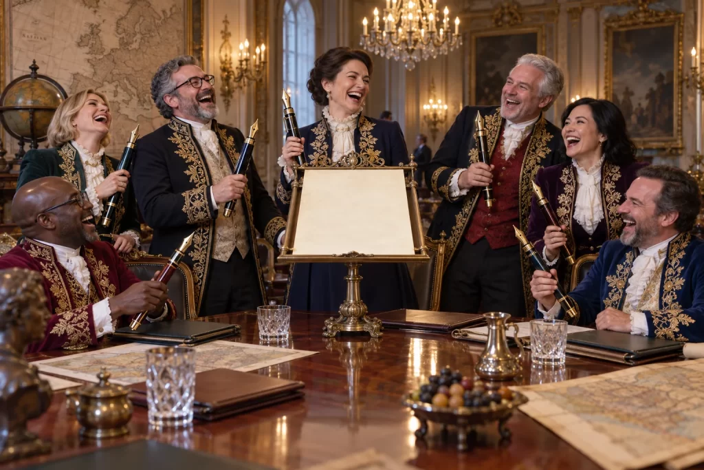 Fictional European officials laugh around a blank parchment while holding oversized fountain pens in an ornate summit room.