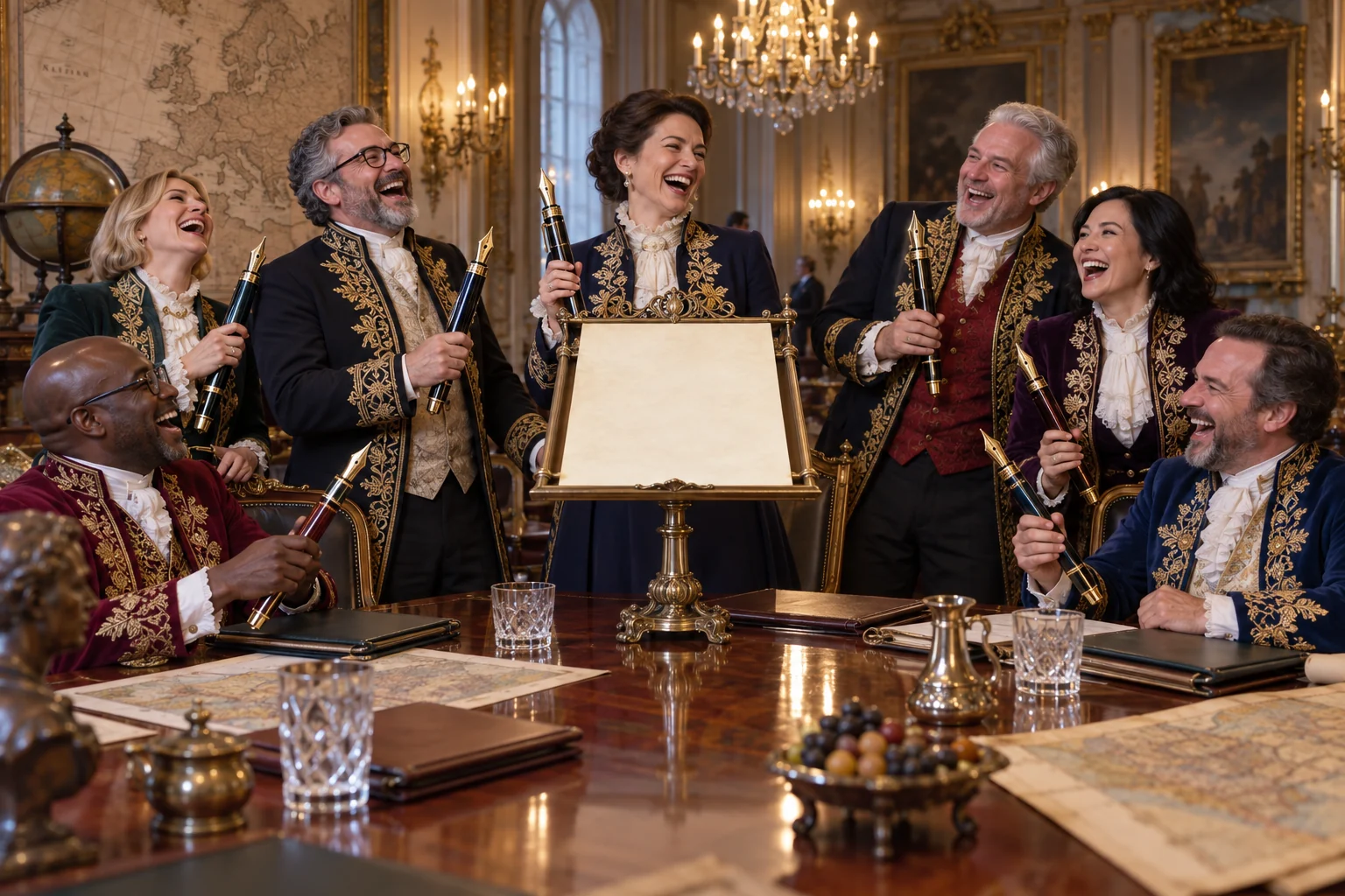 Fictional European officials laugh around a blank parchment while holding oversized fountain pens in an ornate summit room.