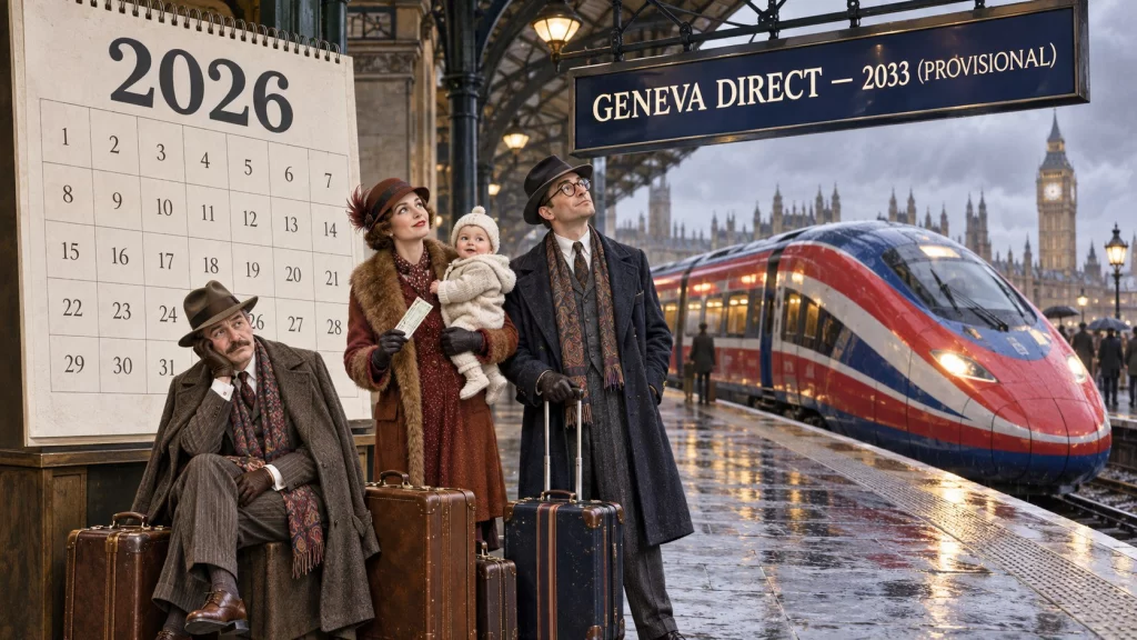 Eurostar routes sign promises Geneva in 2033 as three travellers wait beside a giant 2026 calendar.