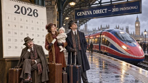 Eurostar routes sign promises Geneva in 2033 as three travellers wait beside a giant 2026 calendar.