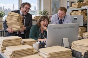 Three laughing office workers look at a computer amid piles of identical folders, with one man holding a tall stack.