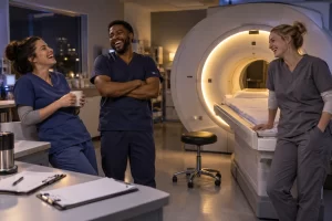 Three fictional healthcare workers laugh beside a softly illuminated imaging scanner during an evening shift.