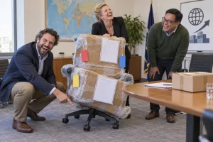Three fictional business owners laugh around an office chair wrapped in cardboard and bubble wrap for export.