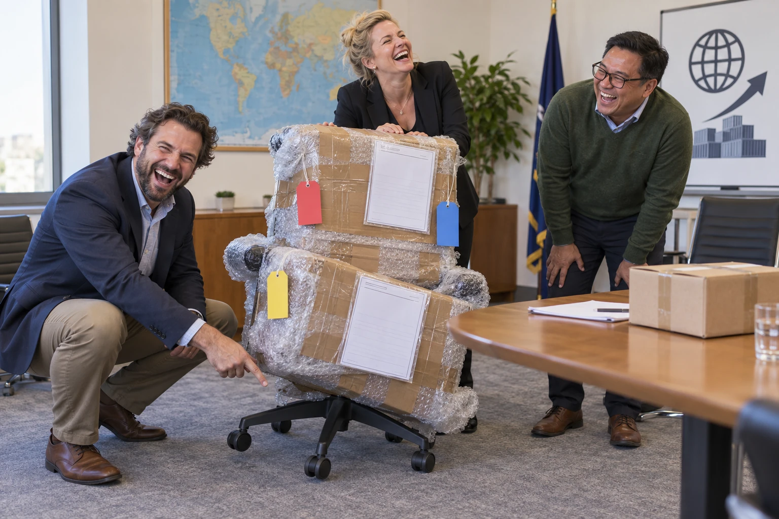 Three fictional business owners laugh around an office chair wrapped in cardboard and bubble wrap for export.